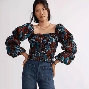 Porridge Anthropologie Prairie Smocked Balloon Sleeve Poplin Top — Size Large